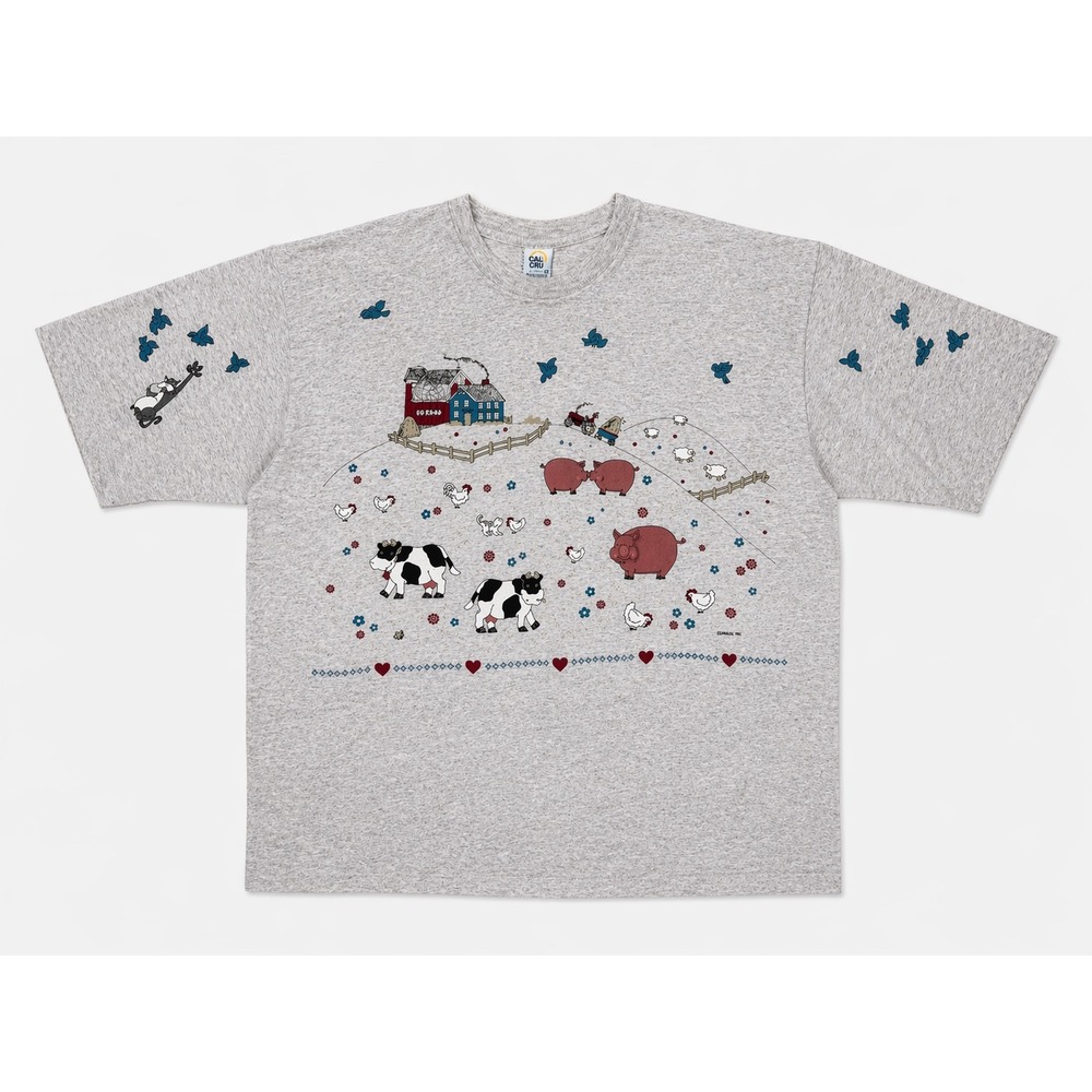 Vintage Cal Cru Farm Scene T Shirt XL Grey Single Stitch 90s USA Puff‎ Paint
